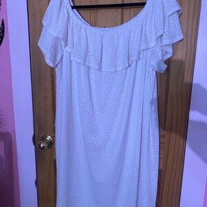 London Times White Off-Shoulder Eyelet Ruffle Dress